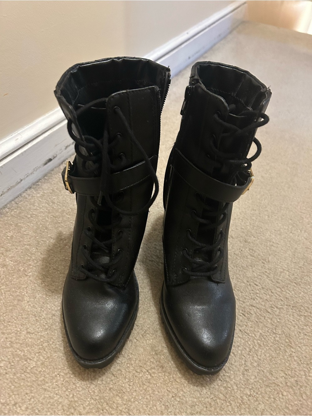Express Black Lace-Up Block Heel Ankle Boots with Buckle Accent - Picture 3 of 5